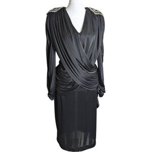 Disco Vintage Variations 80s 70s Dynasty Black Sequin Draped Midi Dress S 6/8